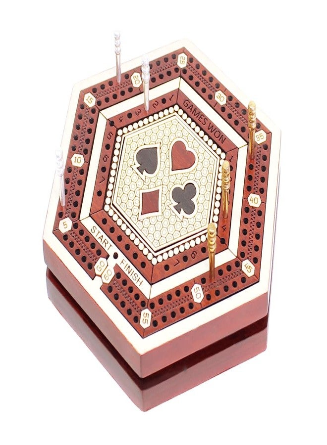 House of Cribbage - 2 Track 60 Points - Hexagonal Shape Pocket Size Wooden Travel Cribbage Board - Size 4 Inch (Maple Wood/Bloodwood) - Image 4